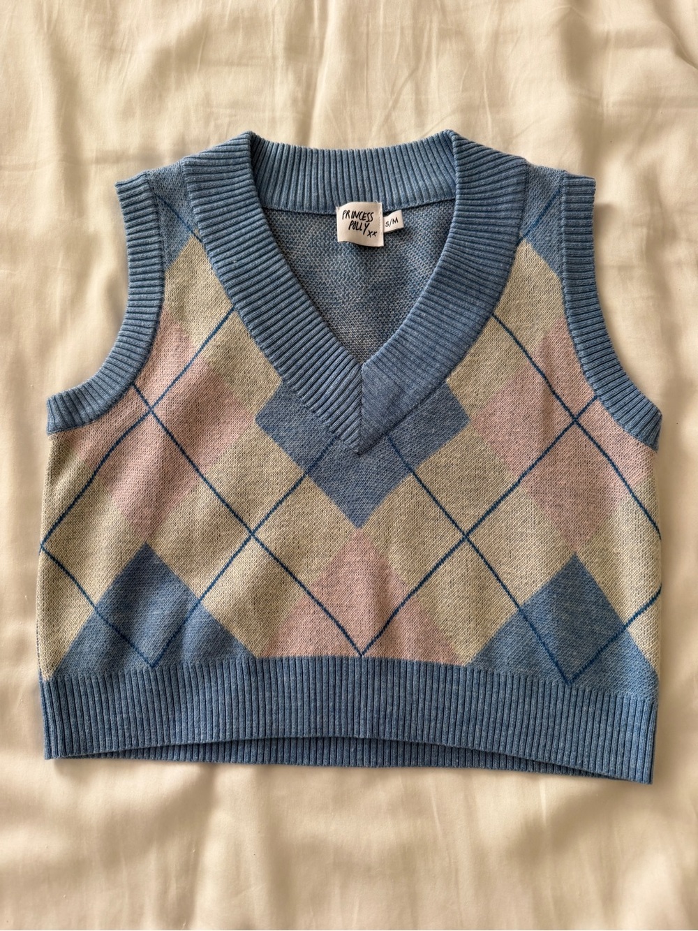 Princess Polly Pastel Blue Argyle V-Neck Sweater Vest